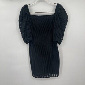 H&M Womens Dress Small Black Eyelet Square Neck Puff Sleeve Lined Casual New